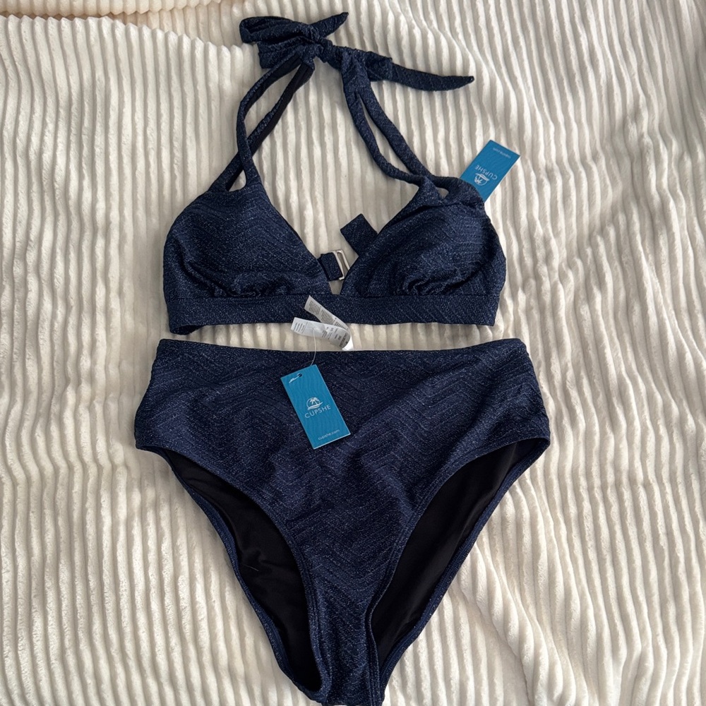 Cupshe Blue Bikini Set Halter Style Classic Cut